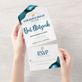 Invitación Todo En Uno Bat Mitzvah Turquesa Ágata Script Negrita Moderna