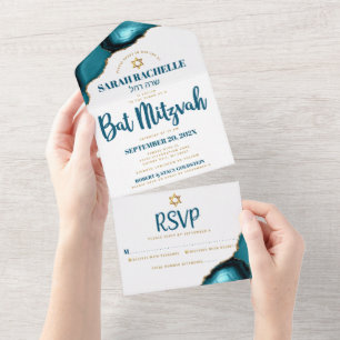 Invitación Todo En Uno Bat Mitzvah Turquesa Ágata Script Negrita Moderna