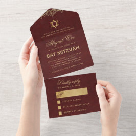 Invitación Todo En Uno Bat Mitzvah Vintage Elegante Burgundy Letra Dorada