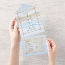 Invitación Todo En Uno Beach Coastal Strings Lights Wedding RSVP MENU