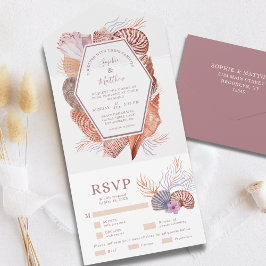 Invitación Todo En Uno Beach Seashells Acuarela Moda costera Boda Al