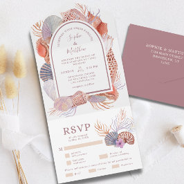 Invitación Todo En Uno Beach Seashells Acuarela Moda costera Boda Al