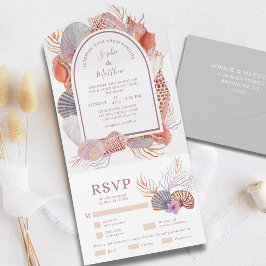 Invitación Todo En Uno Beach Seashells Watercolor Boda de la Moda costera