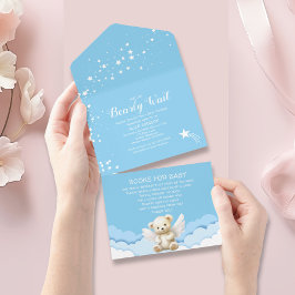 Invitación Todo En Uno Bearly Wait Angel Teddy Bear Blue Baby Shower