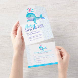 Invitación Todo En Uno Bebé ducha acuarela agua azul ballena
