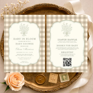 Invitación Todo en Uno Bebé en Flor Beige Cuadros Baby Shower