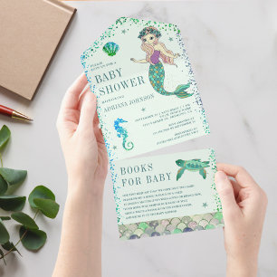 Invitación Todo En Uno Bebé Tiburón Verde Mint Cumpleaños de Sirena