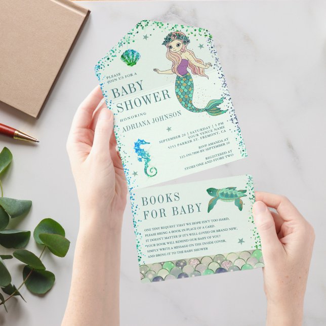 Invitación Todo En Uno Bebé Tiburón Verde Mint Cumpleaños de Sirena (Subido por el creador)