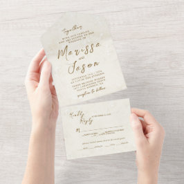 Invitación Todo En Uno Beige rústico simple y elegante y Boda de oro