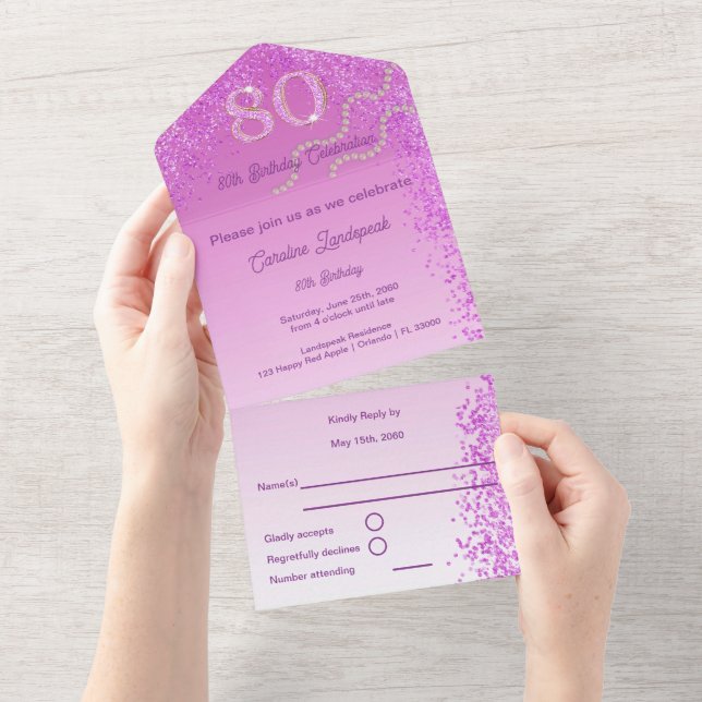 Invitación Todo En Uno Bella caída Purpurina Rosa 80 cumpleaños (desgarro)