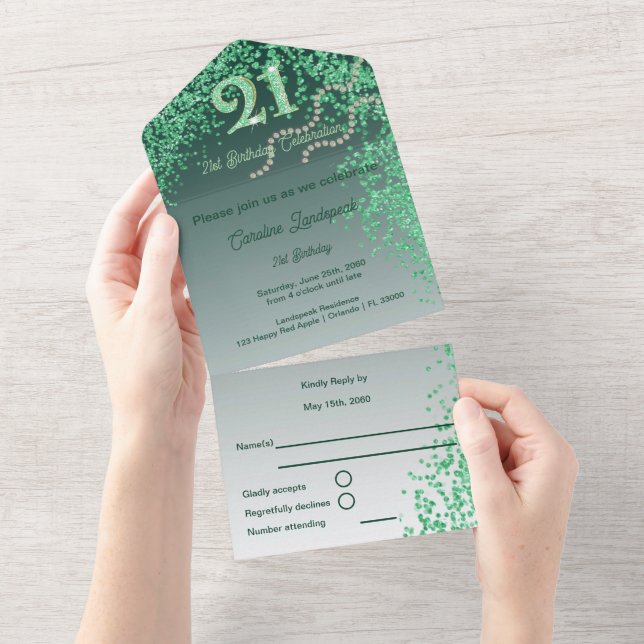 Invitación Todo En Uno Bella caída Purpurina Verde 21 cumpleaños (desgarro)