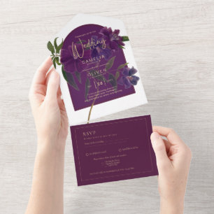 Invitación Todo En Uno Berenjena Ciruela Púrpura Floral Verde Bosque Boda