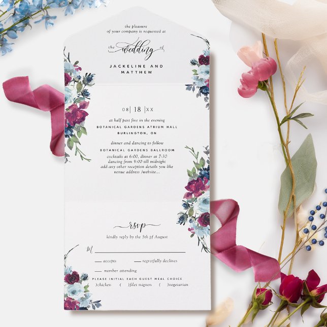 Invitación Todo En Uno Berry, azul, Boda de Borgoña con RSVP Perforado (Subido por el creador)