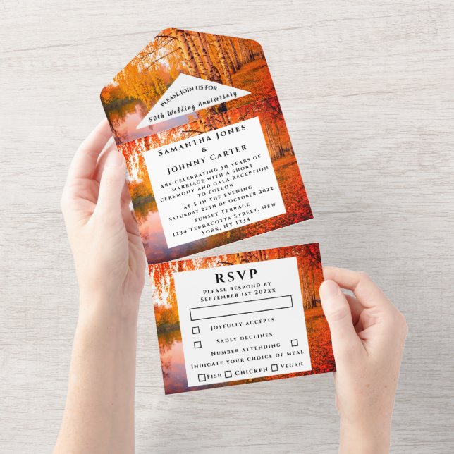Invitación Todo En Uno Birch Fall Country Wood deja aniversario Boda (desgarro)