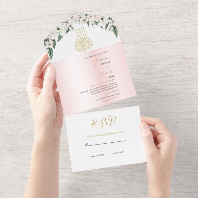 Invitación Todo En Uno Bismillah Magnolia islámica en un solo Boda (desgarro)