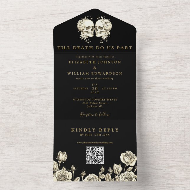 Invitación Todo En Uno Black And Gold Floral Skulls QR Code Goth Wedding (Interior)