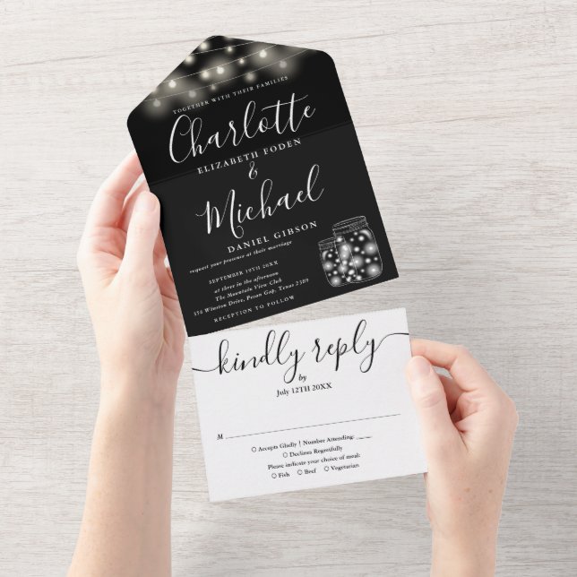 Invitación Todo En Uno Black And White String Luces Mason Jars Boda (desgarro)