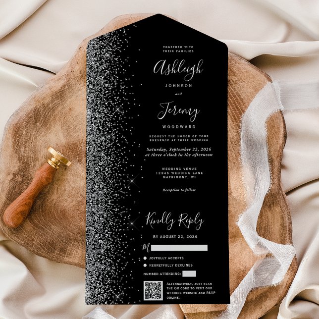 Invitación Todo En Uno Black Silver Glitter QR Code Wedding (Subido por el creador)
