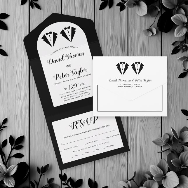 Invitación Todo En Uno Black tuxedo Mr and Mr two grooms gay wedding (Subido por el creador)