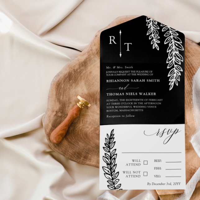 Invitación Todo En Uno Black White Greenery Monogrammed Wedding (Subido por el creador)