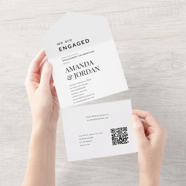 Invitación Todo En Uno  Black & White Luxe Minimalist Engagement  (desgarro)