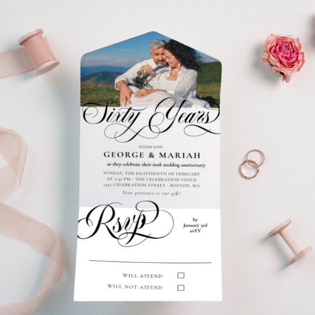 Invitación Todo En Uno Black White Swirls Foto Aniversario del 60° Boda (Subido por el creador)
