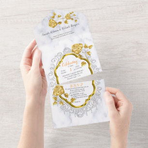 Invitación Todo En Uno Blanco con encaje dorado y rosas