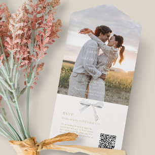 Invitación Todo En Uno Blanco crudo Cinta blanca de moda y Boda fotográ