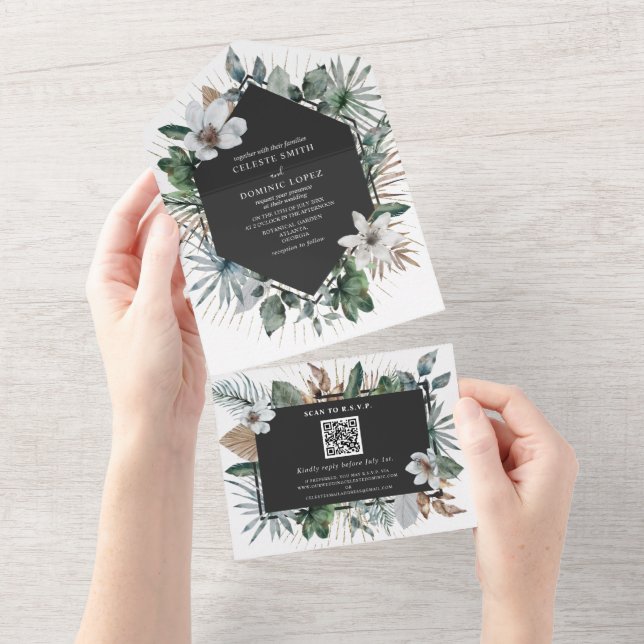 Invitación Todo En Uno Blanco floral botánico geométrico boda y RSVP (desgarro)