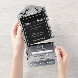 Invitación Todo En Uno Blanco Negro Gris Floral Moderno Minimalista Boda