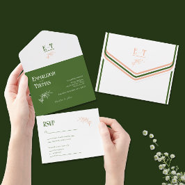 Invitación Todo En Uno Blanco Peach + Boda Verde Simple Moderno