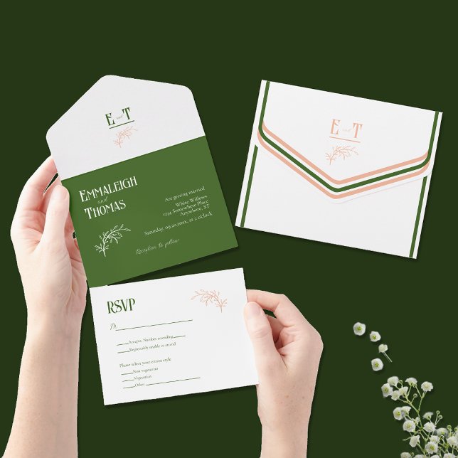 Invitación Todo En Uno Blanco Peach + Boda Verde Simple Moderno (Subido por el creador)