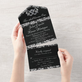 Invitación Todo En Uno Blanco y negro, borde Purpurina y corazón doble