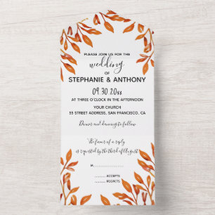 Invitación Todo En Uno Blanco y negro con Boda de hojas otoñales oxidadas