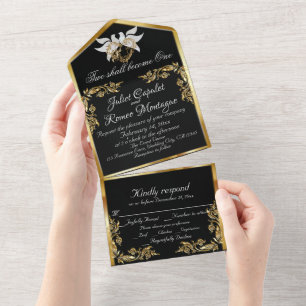 Invitación Todo En Uno Blanco y negro, hojas de oro, palomas y corazón
