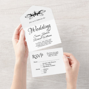 Invitación Todo En Uno Blanco y negro Tri Fold con Boda Rsvp
