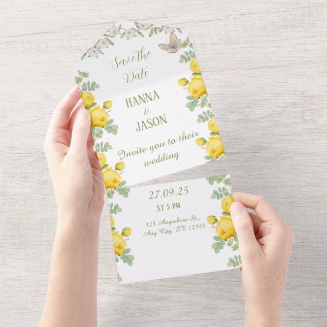 Invitación Todo En Uno Bloom dorado: rosa amarillo radiante (desgarro)