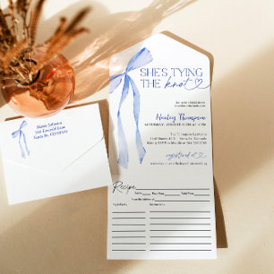 Invitación Todo En Uno Blue Bow Shes Tying Knot Bridal Shower