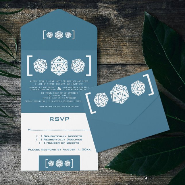Invitación Todo En Uno Blue D20 Dice Gamer todo en una sola boda (Blue d20 Dice Gamer Wedding All in One Invitation)