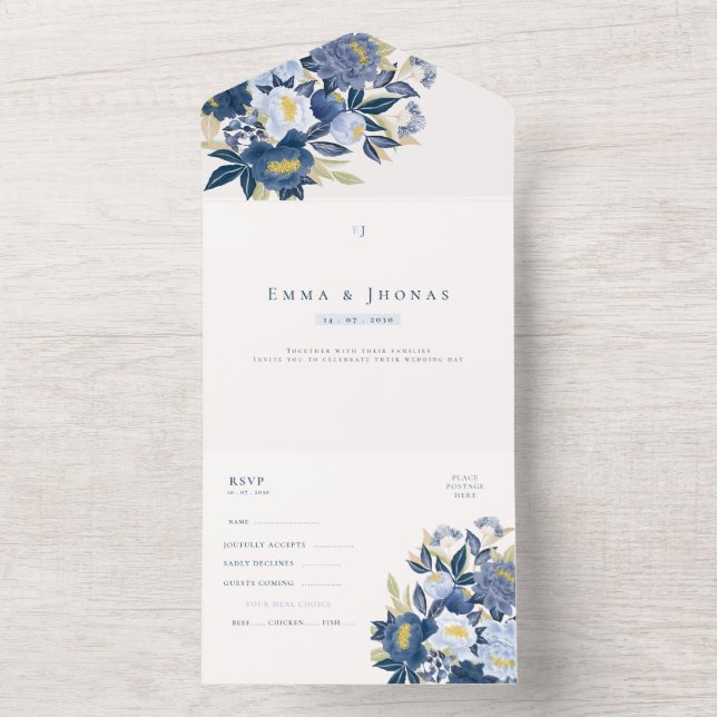 Invitación Todo En Uno blue dusty roses luxury RSVP Wedding All-in-One In (Interior)