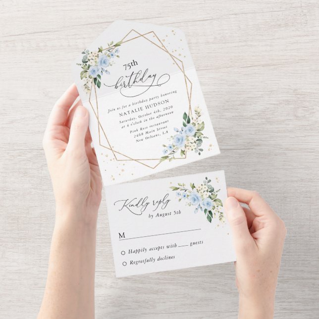 Invitación Todo En Uno Blue Flowers, White Flowers, Greenery, Birthday (desgarro)