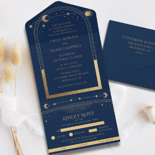 Invitación Todo En Uno Blue Gold Celestial Sol Luna Estrellas Boda RSVP
