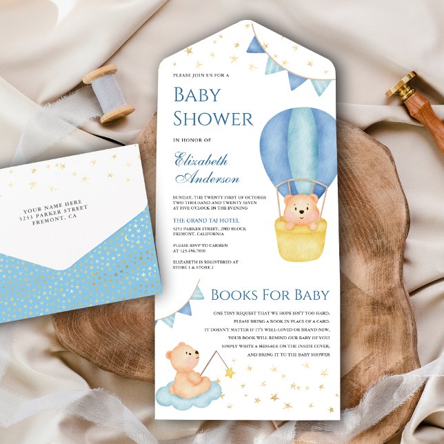 Invitación Todo En Uno Blue Hot Air Balloon Teddy Bear Baby Shower (Subido por el creador)