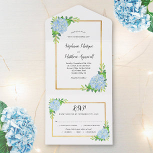 Invitación Todo En Uno Blue Hydrangea Gold Border Boda