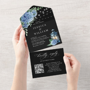 Invitación Todo En Uno Blue Hydrangea Lantern Boda negro código QR