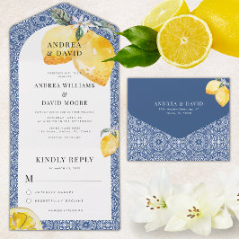 Invitación Todo En Uno Blue Mediterranean Italiano Tile & Lemon Boda