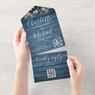 Invitación Todo En Uno Blue Rustic String Lights Mason Jars QR Boda Al