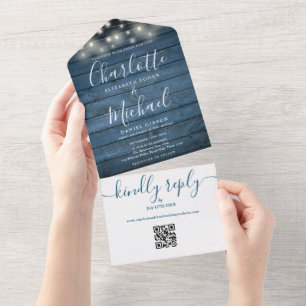 Invitación Todo En Uno Blue Rustic Wood String Lights QR Code Boda