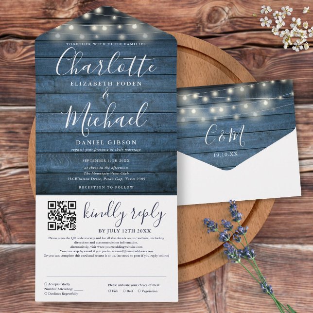 Invitación Todo En Uno Blue Rustic Wood String Lights QR Code Boda (Blue Rustic Wood String Lights QR Code Wedding All In One Invitation)