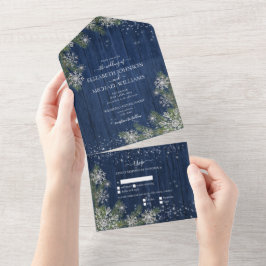 Invitación Todo En Uno Blue Silver Wind Wood Plaid Rustic Boda +Menú